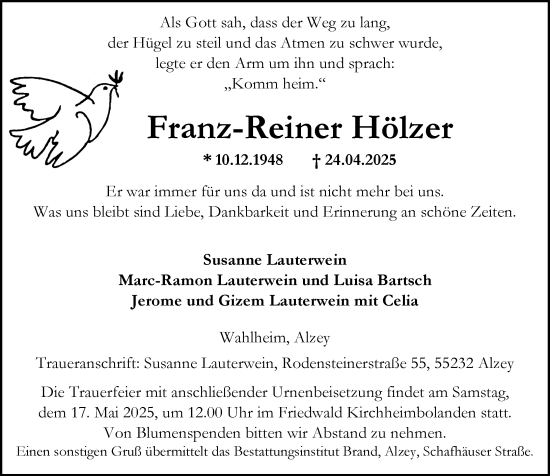 Traueranzeige von Franz-Reiner Hölzer von Allgemeine Zeitung Alzey