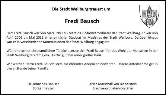 Traueranzeige von Fredi Bausch von Weilburger Tageblatt