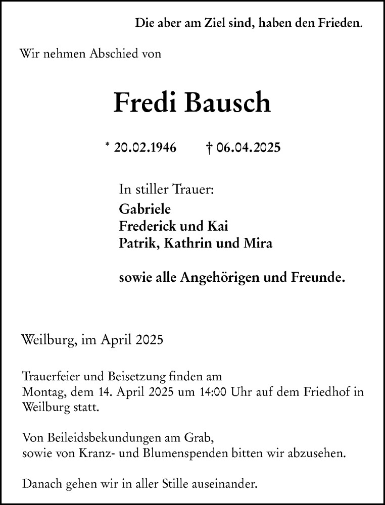  Traueranzeige für Fredi Bausch vom 12.04.2025 aus Weilburger Tageblatt