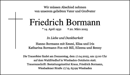 Traueranzeige von Friedrich Bormann von Wiesbadener Kurier