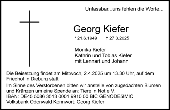 Traueranzeige von Georg Kiefer von Dieburger Anzeiger/Groß-Zimmerner Lokal-Anzeiger