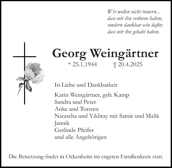 Traueranzeige von Georg Weingärtner von Allgemeine Zeitung Rheinhessen-Nahe