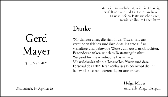 Traueranzeige von Gerd Mayer von Hinterländer Anzeiger