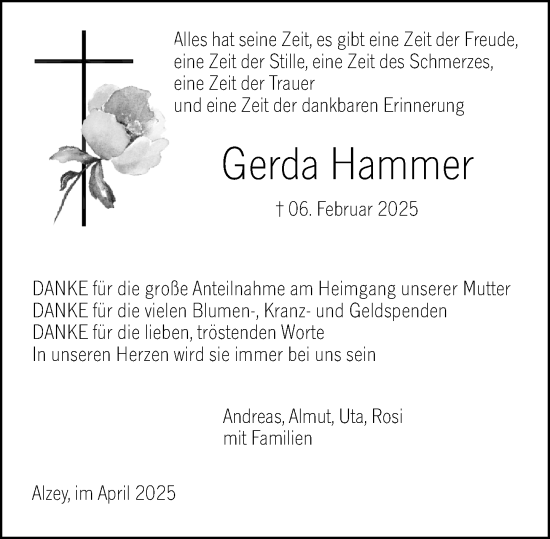 Traueranzeige von Gerda Hammer von Allgemeine Zeitung Alzey