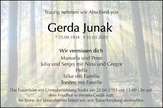 Traueranzeige von Gerda Junak von Odenwälder Echo
