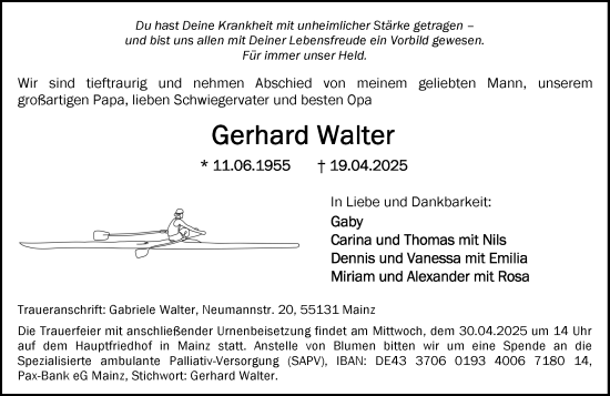 Traueranzeige von Gerhard Walter von Allgemeine Zeitung Mainz