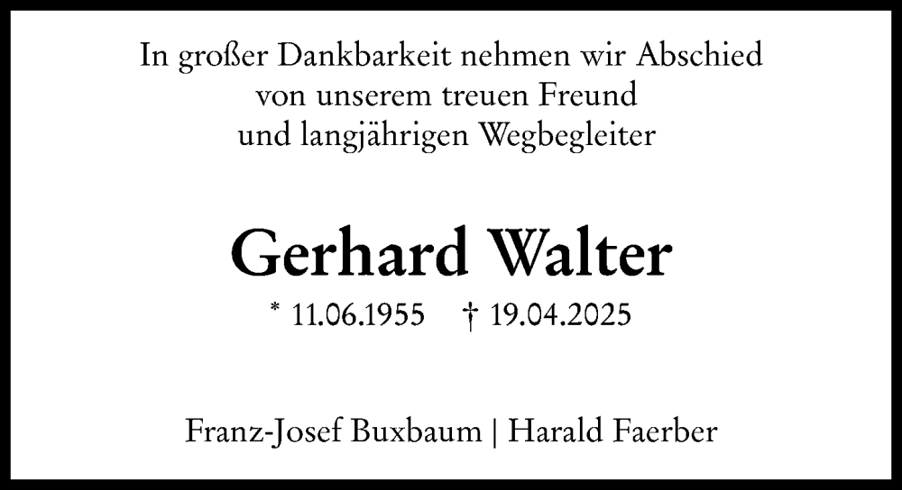  Traueranzeige für Gerhard Walter vom 26.04.2025 aus Allgemeine Zeitung Mainz
