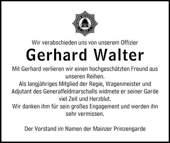 Traueranzeige von Gerhard Walter von Allgemeine Zeitung Mainz