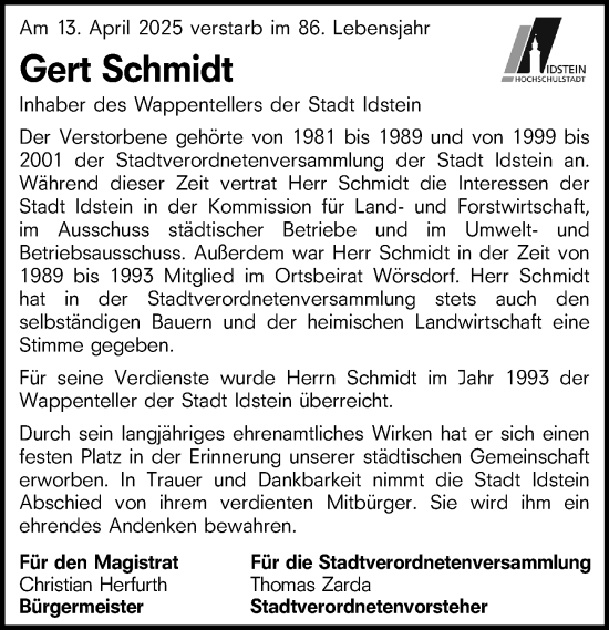 Traueranzeige von Gert Schmidt von Idsteiner Land/Untertaunus