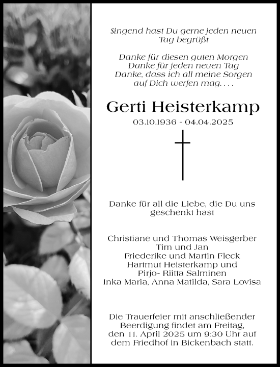 Traueranzeige von Gerti Heisterkamp von Darmstädter Echo