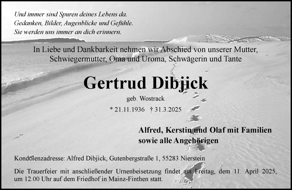  Traueranzeige für Gertrud Dibjick vom 05.04.2025 aus Allgemeine Zeitung Mainz
