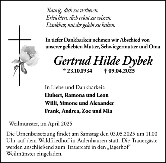 Traueranzeige von Gertrud Hilde Dybek von Weilburger Tageblatt