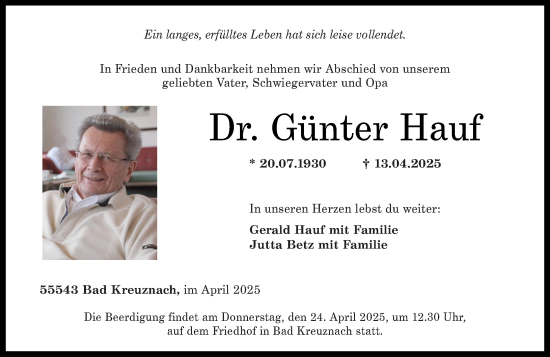 Traueranzeige von Günter Hauf von Allgemeine Zeitung Rheinhessen-Nahe