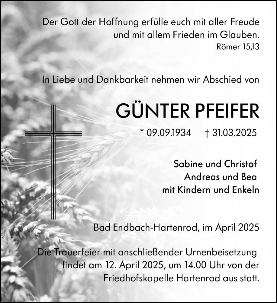  Traueranzeige für Günter Pfeifer vom 09.04.2025 aus Hinterländer Anzeiger