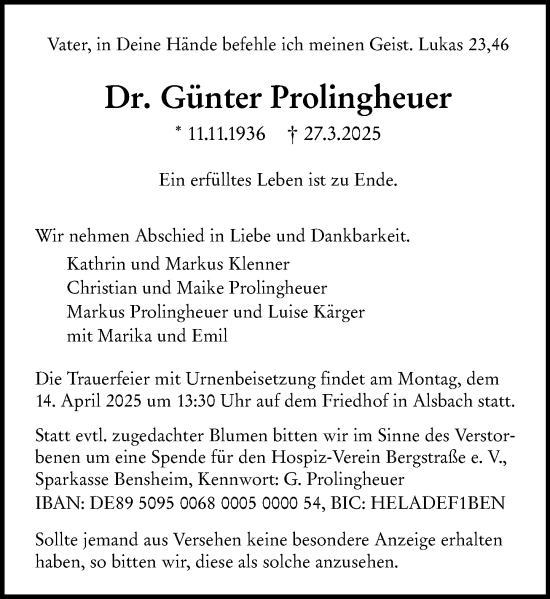 Traueranzeige von Günter Prolingheuer von Darmstädter Echo