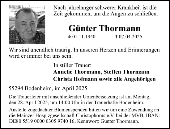 Traueranzeige von Günter Thormann von Allgemeine Zeitung Mainz