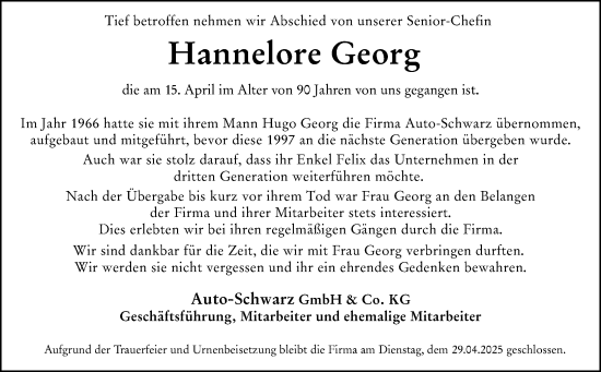 Traueranzeige von Hannelore Georg von Dill Block