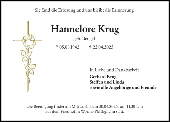 Traueranzeige von Hannelore Krug von Wormser Zeitung
