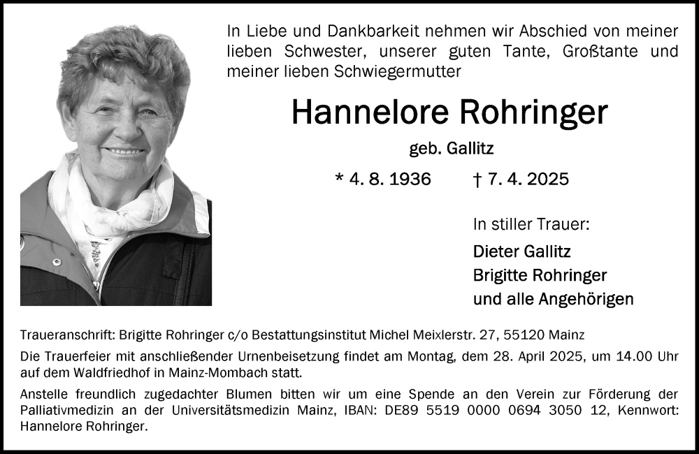  Traueranzeige für Hannelore Rohringer vom 19.04.2025 aus Allgemeine Zeitung Mainz