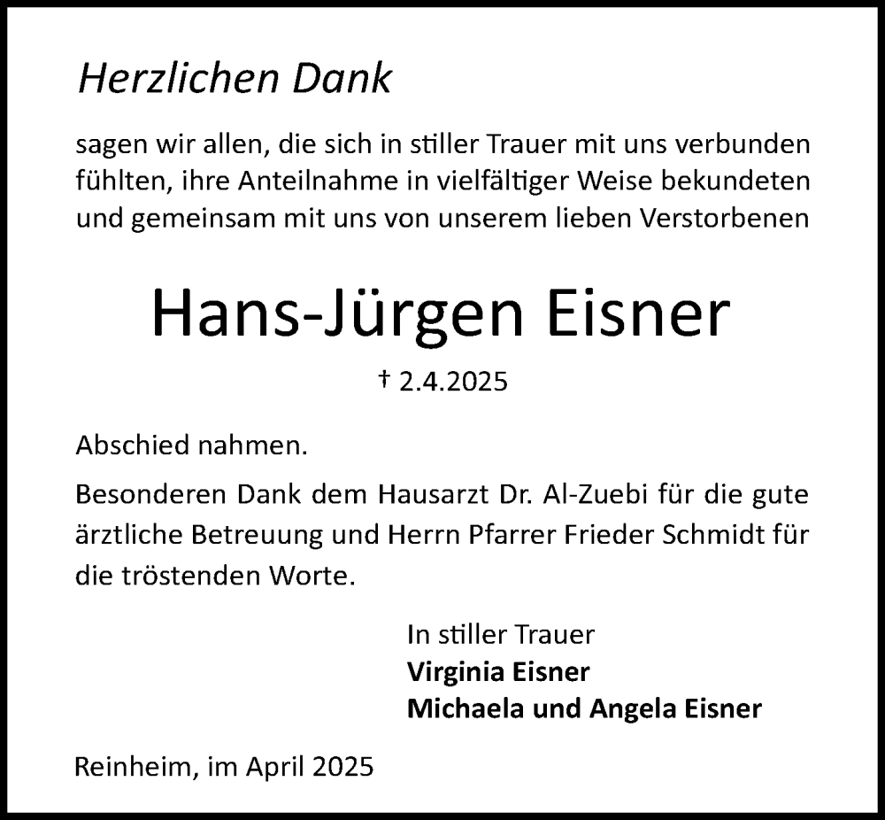  Traueranzeige für Hans-Jürgen Eisner vom 26.04.2025 aus Darmstädter Echo