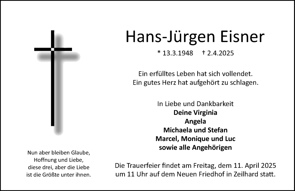  Traueranzeige für Hans-Jürgen Eisner vom 09.04.2025 aus Darmstädter Echo