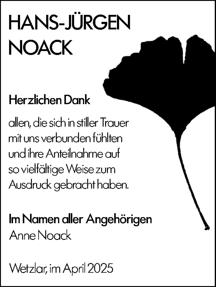  Traueranzeige für Hans-Jürgen Noack vom 22.04.2025 aus Wetzlarer Neue Zeitung