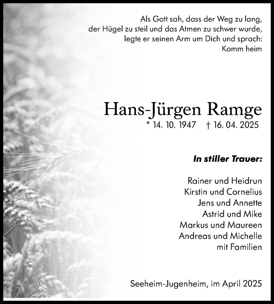 Traueranzeige von Hans-Jürgen Ramge von Darmstädter Echo