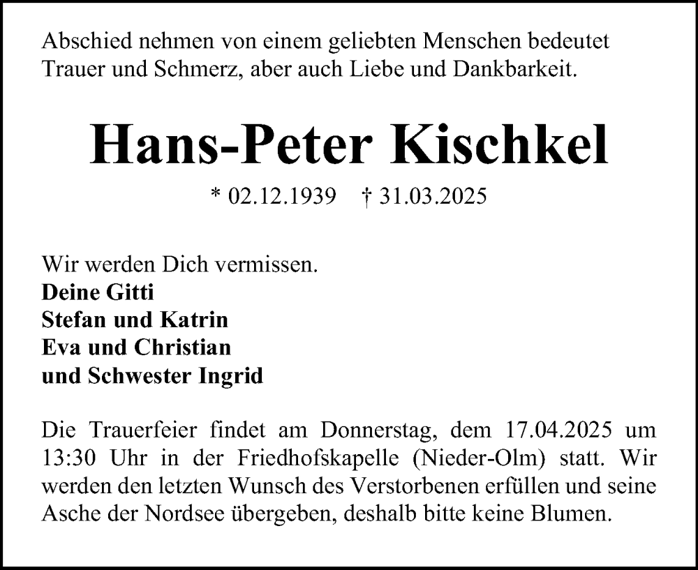  Traueranzeige für Hans-Peter Kischkel vom 12.04.2025 aus Allgemeine Zeitung Mainz