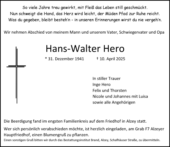 Traueranzeige von Hans-Walter Hero von Allgemeine Zeitung Alzey