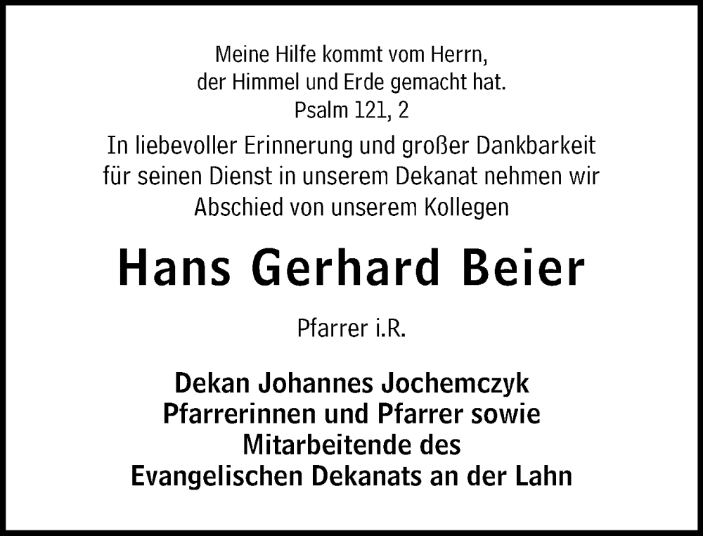  Traueranzeige für Hans Gerhard Beier vom 10.04.2025 aus Nassauische Neue Presse