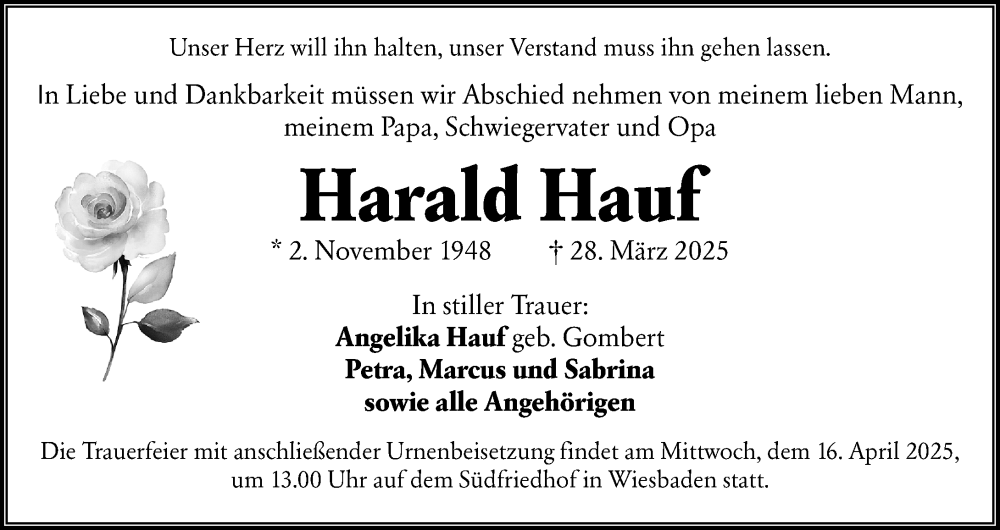  Traueranzeige für Harald Hauf vom 12.04.2025 aus Wiesbadener Kurier