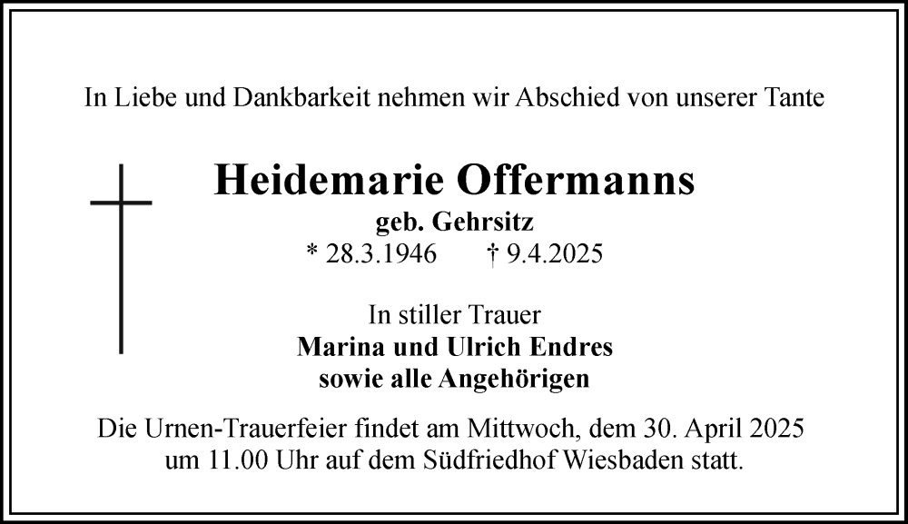  Traueranzeige für Heidemarie Offermanns vom 19.04.2025 aus Wiesbadener Kurier