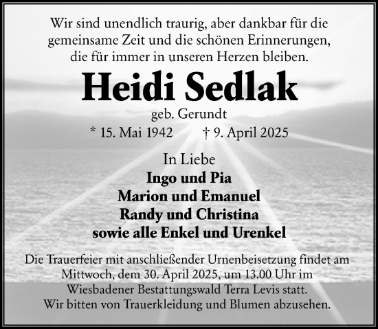 Traueranzeige von Heidi Sedlak von Wiesbadener Kurier