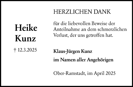 Traueranzeige von Heike Kunz von Darmstädter Echo