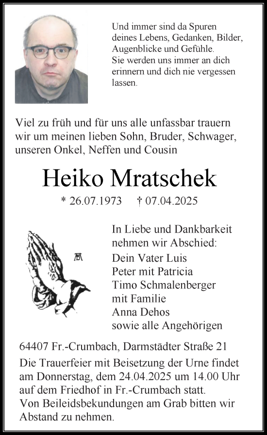 Traueranzeige von Heiko Mratschek von Odenwälder Echo