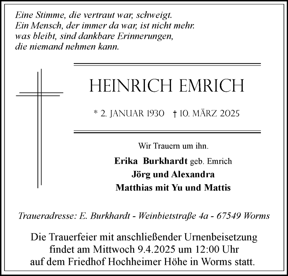  Traueranzeige für Heinrich Emrich vom 07.04.2025 aus Wormser Zeitung