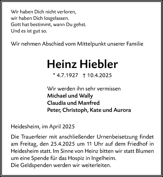 Traueranzeige von Heinz Hiebler von Allgemeine Zeitung Mainz