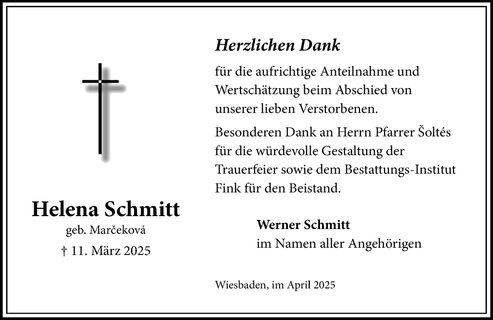  Traueranzeige für Helena Schmitt vom 05.04.2025 aus Wiesbadener Kurier