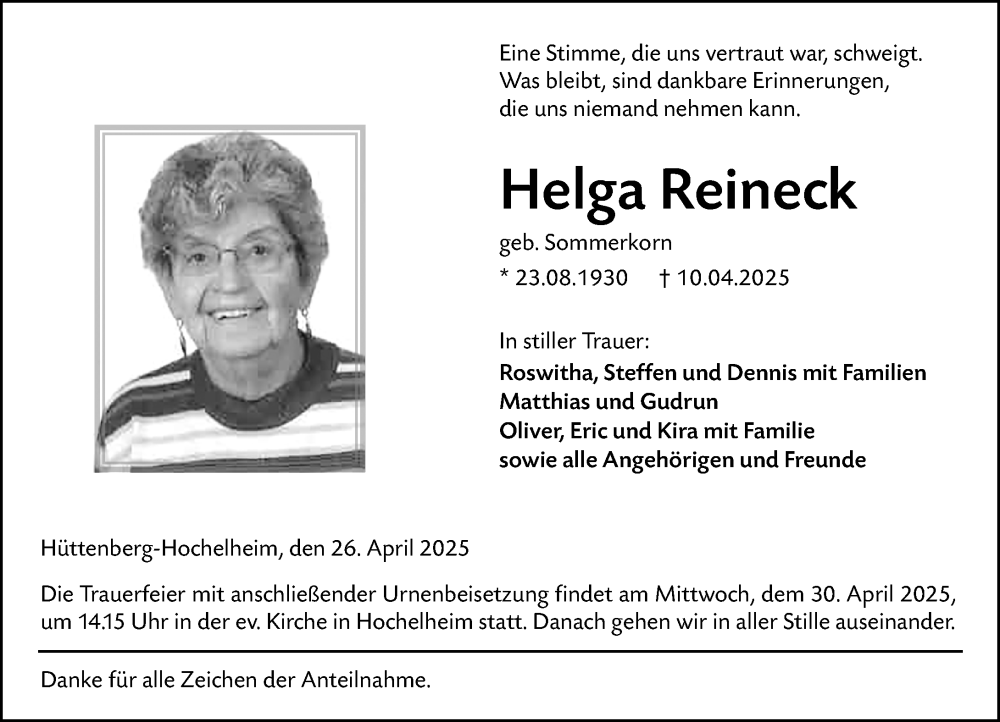  Traueranzeige für Helga Reineck vom 26.04.2025 aus Wetzlarer Neue Zeitung
