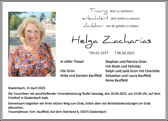 Traueranzeige von Helga Zacharias von Hinterländer Anzeiger