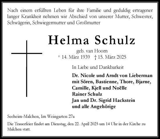 Traueranzeige von Helma Schulz von Darmstädter Echo