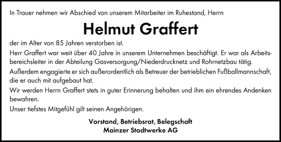 Traueranzeige von Helmut Graffert von Allgemeine Zeitung Mainz