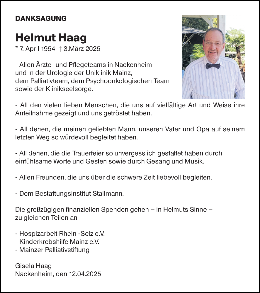  Traueranzeige für Helmut Haag vom 12.04.2025 aus Allgemeine Zeitung Mainz