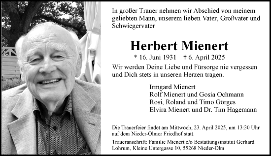 Traueranzeige von Herbert Mienert von Allgemeine Zeitung Mainz