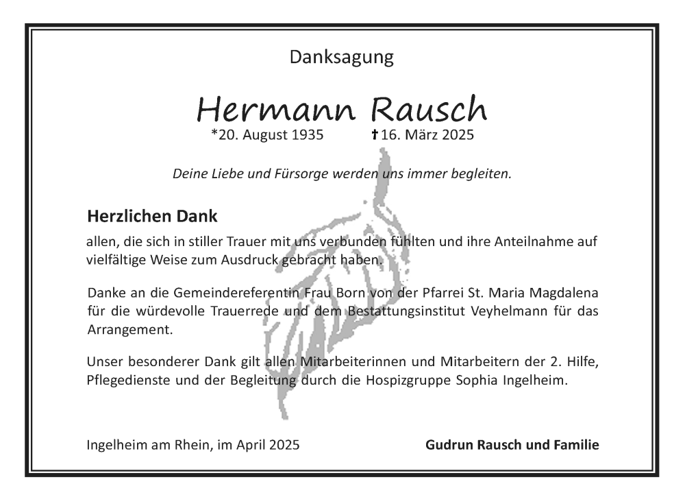  Traueranzeige für Hermann Rausch vom 26.04.2025 aus Allgemeine Zeitung Rheinhessen-Nahe
