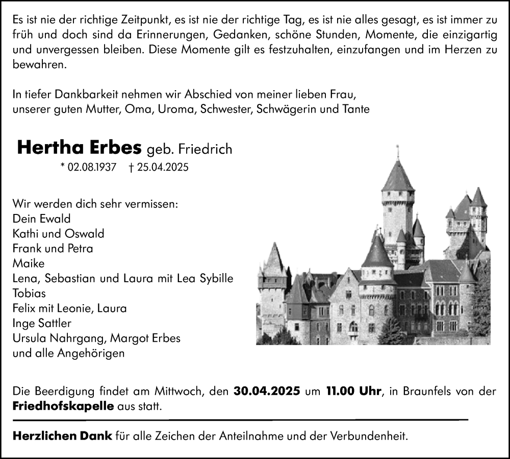  Traueranzeige für Hertha Erbes vom 28.04.2025 aus Wetzlarer Neue Zeitung