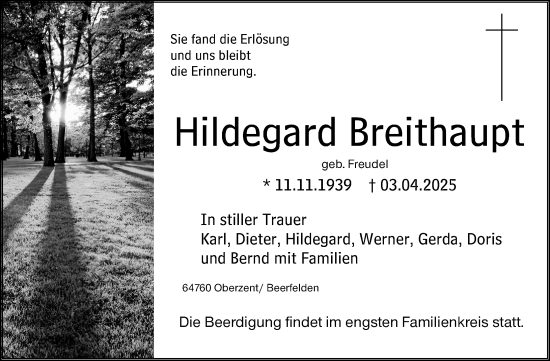Traueranzeige von Hildegard Breithaupt von Odenwälder Echo