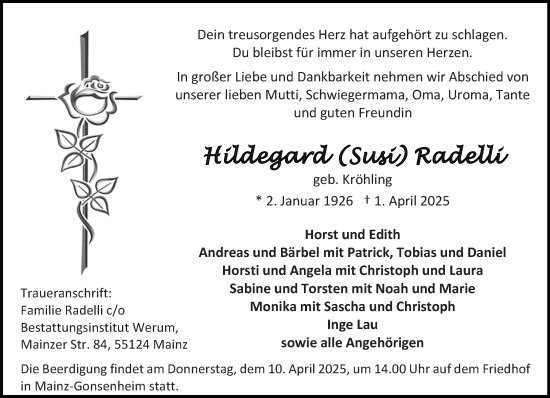 Traueranzeige von Hildegard Radelli von Allgemeine Zeitung Rheinhessen-Nahe