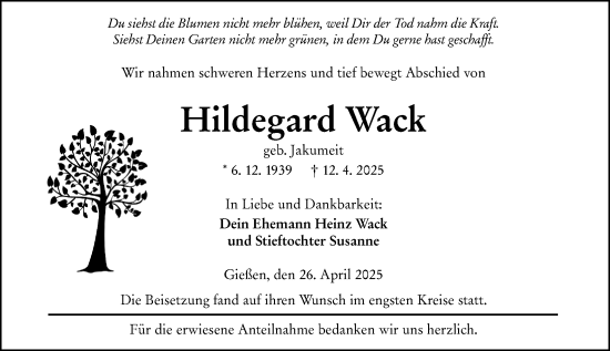Traueranzeige von Hildegard Wack von Weilburger Tageblatt