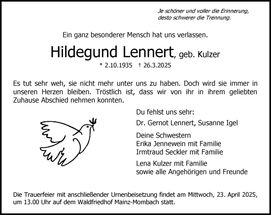 Traueranzeige von Hildegund Lennert von Allgemeine Zeitung Mainz